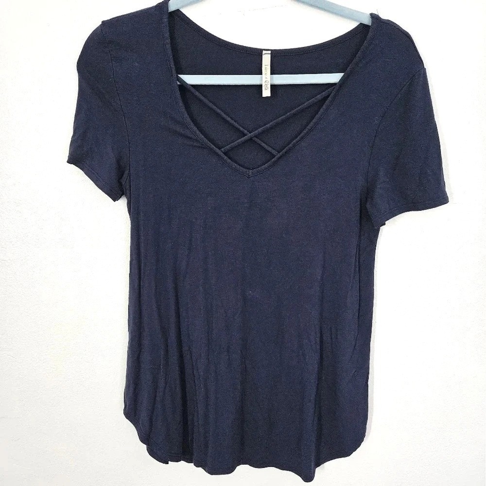 Navy Blue Crisscross V-Neck‎ Short Sleeve Top Size Small